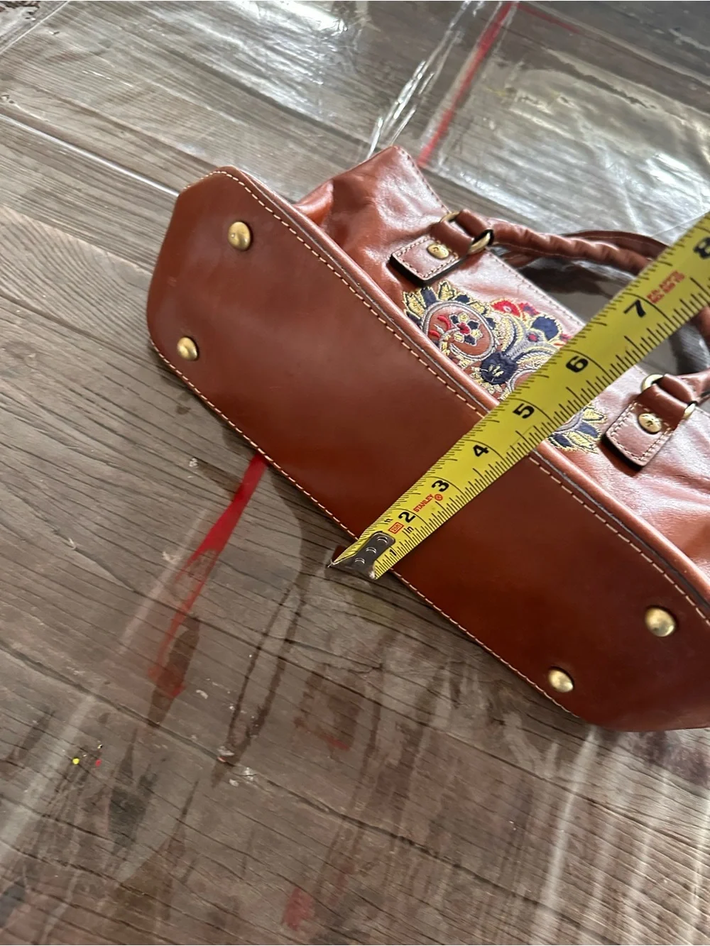 Patricia Nash Brown Leather Satchel with Multicolor Floral Embroidery